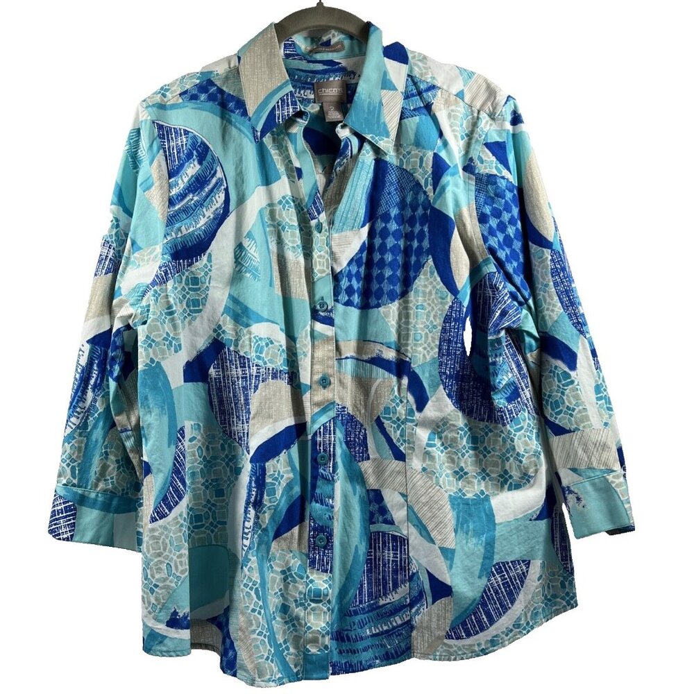Chicos Womens Blue White Artsy Geometric Cotton 3/4 Sleeve Button Up Blouse L 2
